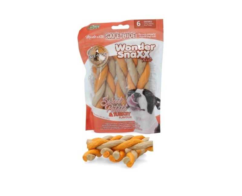 Recompense pentru caini Wonder Snaxx Twists cartof dulce si curcan