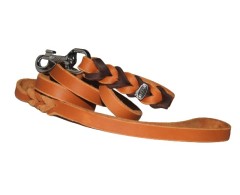 Lesa de lux din piele naturala cu capete impletite BICOLOR 15 mm / 130 cm - coniac - maro