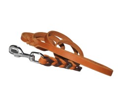 Lesa de lux din piele naturala cu capete impletite BICOLOR 15 mm / 130 cm - coniac - maro