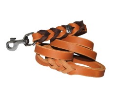 Lesa de lux din piele naturala cu capete impletite BICOLOR 15 mm / 130 cm - coniac - maro