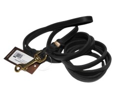 Lesa din piele naturala cu capete impletite Black Junior Hundebedarf 10 mm / 220 cm feronerie alama