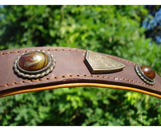 Zgardă de lux pentru caini , din piele naturala si chihlimbar