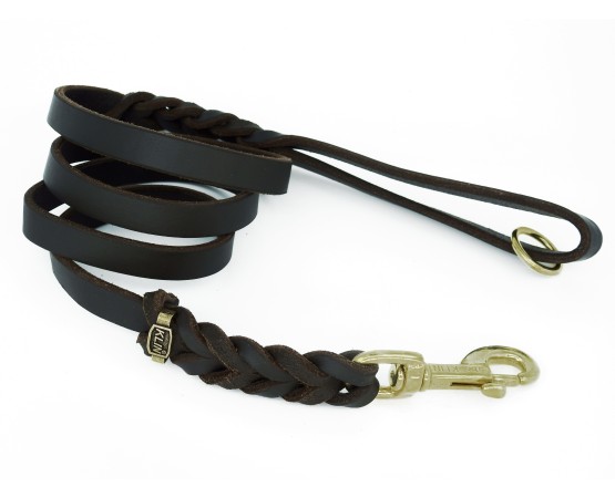 Lesa pentru caini din piele naturala fett cu capete impletite si inel