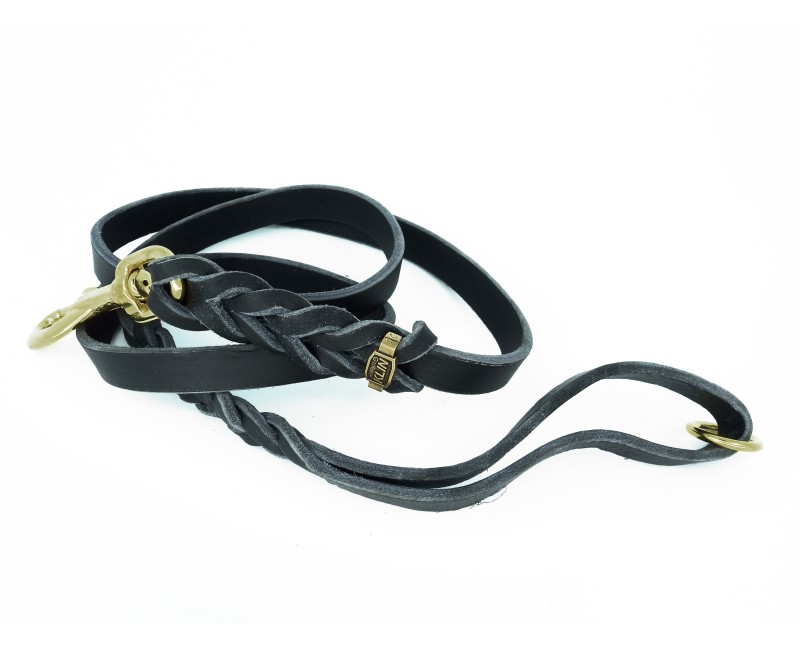 Lesa pentru caini din piele naturala fett cu capete impletite si inel