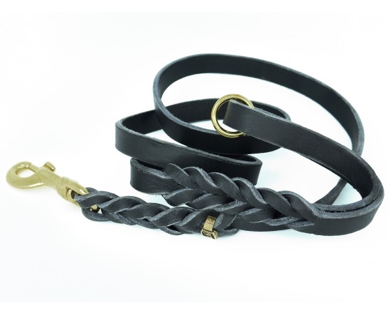 Lesa pentru caini din piele naturala fett cu capete impletite si inel