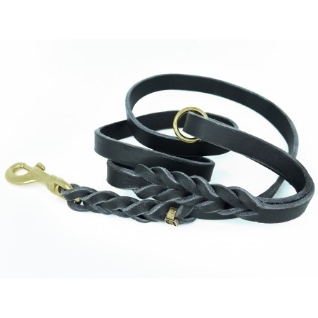 Lesa pentru caini din piele naturala fett cu capete impletite si inel
